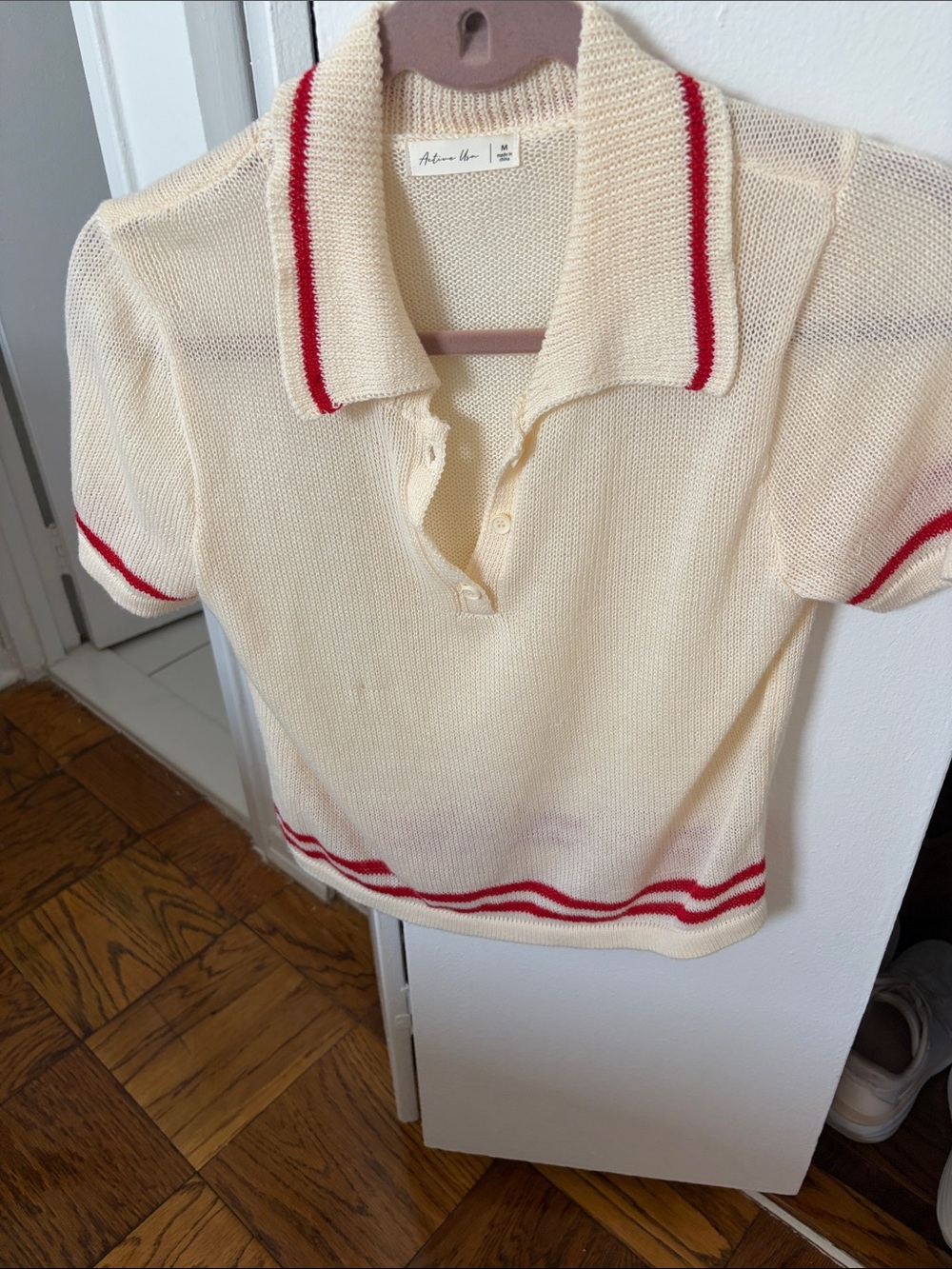 Active USA Cream Knit Polo with Red Accent
